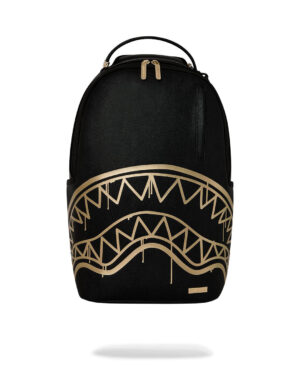 תיק גב Sprayground מעוצב – דגם Gold Drip Shark על רקע שחור דמוי עור